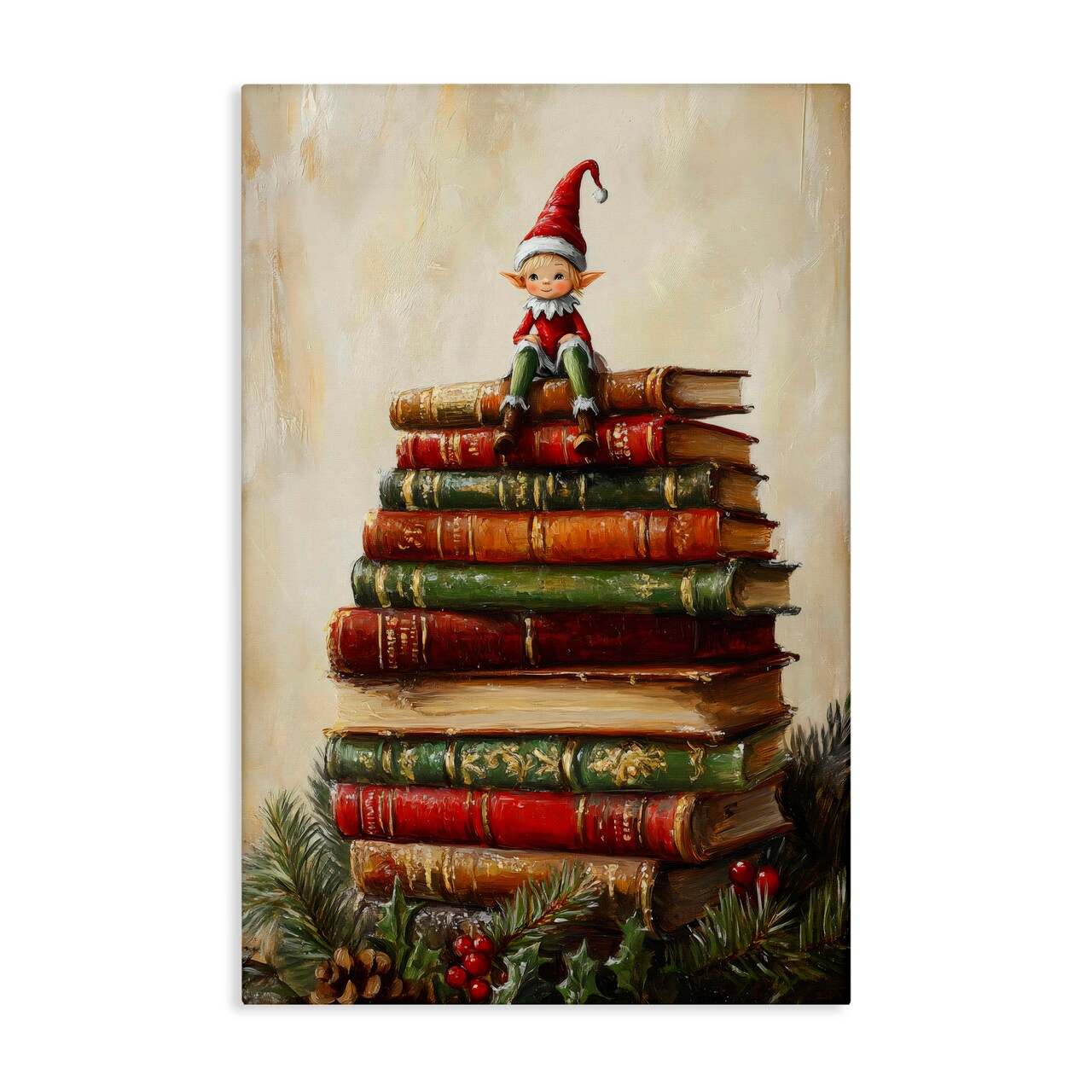 Stupell Industries Christmas Elf Bookstack Canvas, design by Petal Prints Design